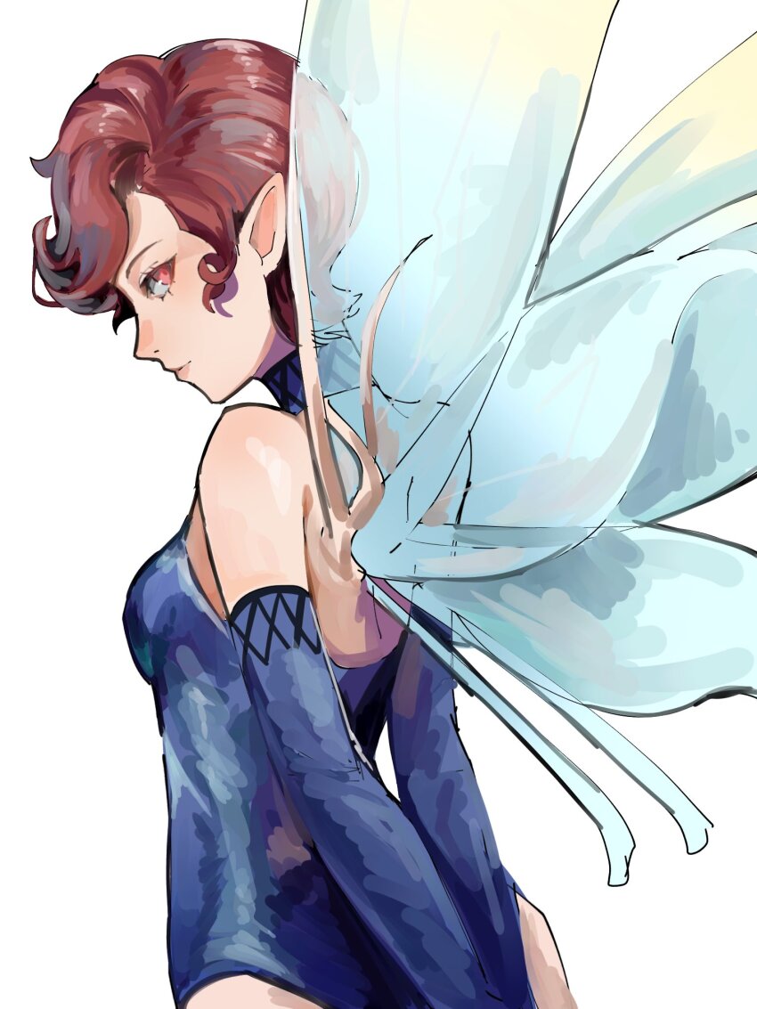 1girl, 4me3ba_niku, arms_behind_back, blue_sleeves, brown_hair, demon_(megami_tensei), detached_sleeves, fairy