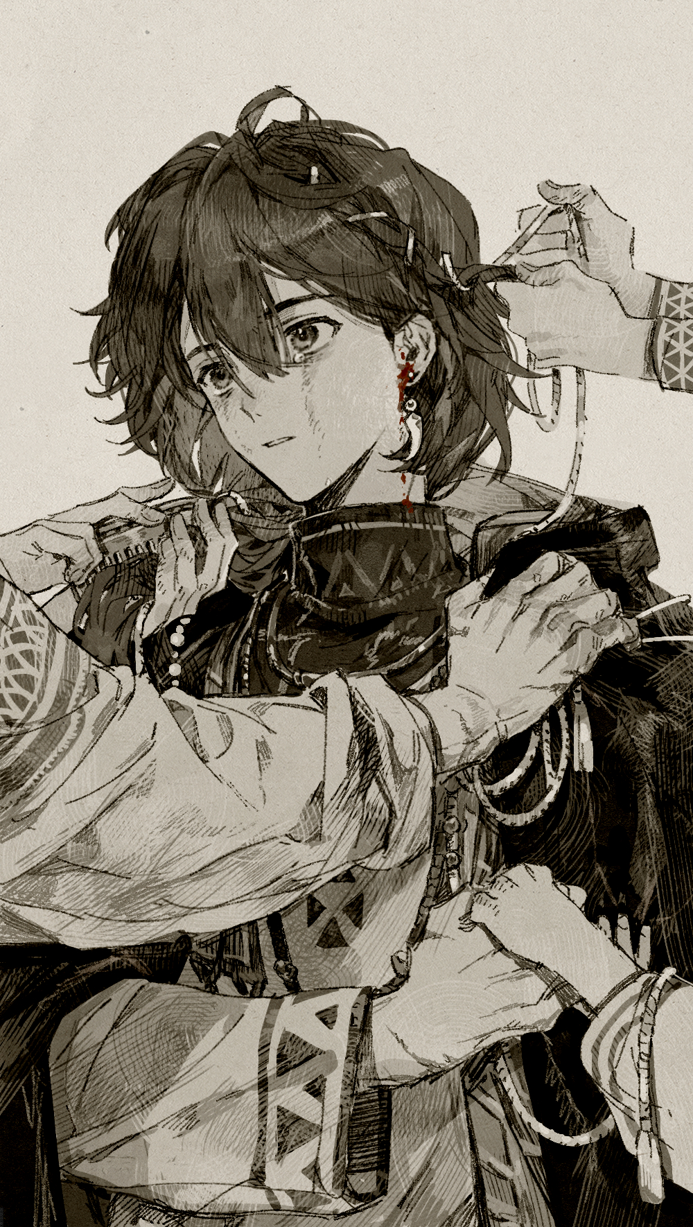 1boy, 4others, ateveryone, blood_from_ears, brushing_another's_hair, brushing_hair, coat, comb