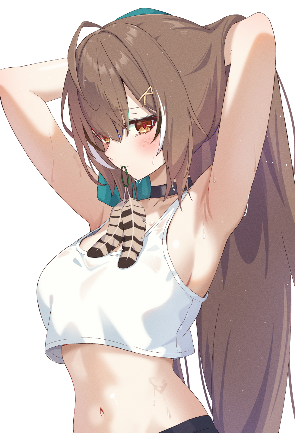 1girl, ahoge, armpit_focus, armpits, arms_behind_head, arms_up, black_choker, black_hair, black_streaks, blush, breasts, brown_eyes, brown_feathers, brown_hair, chahanramen, choker, commentary, cropped_shirt, english_commentary, feather_in_mouth, feathers, highres, hololive, hololive_english, long_hair, looking_at_viewer, medium_breasts, midriff, nanashi_mumei, navel, simple_background, solo, sweat, tank_top, upper_body, very_long_hair, virtual_youtuber, white_background, white_hair, white_streaks, white_tank_top