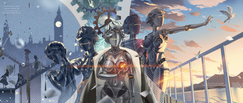 1girl, absurdres, bird, black_coat, blue_sky, breasts, building, chinese_text