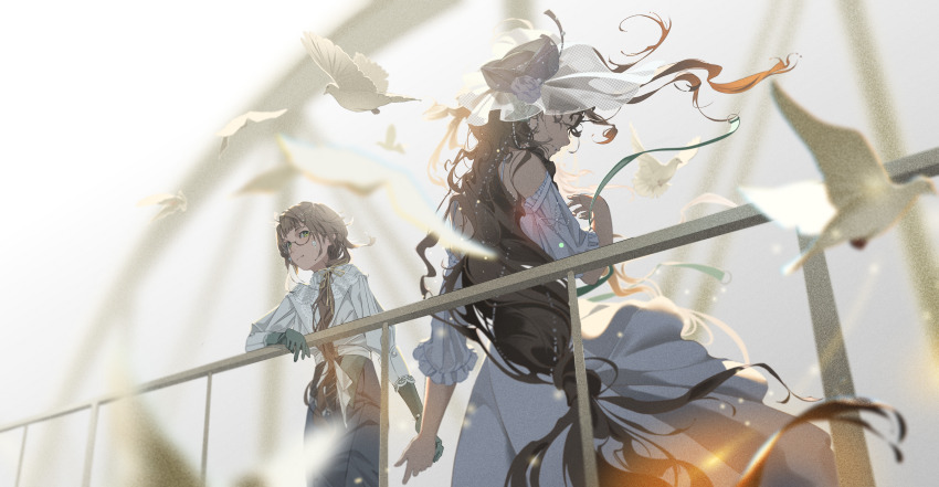 2girls, absurdres, against_railing, bare_shoulders, bird, black_hat, black_skirt, blurry