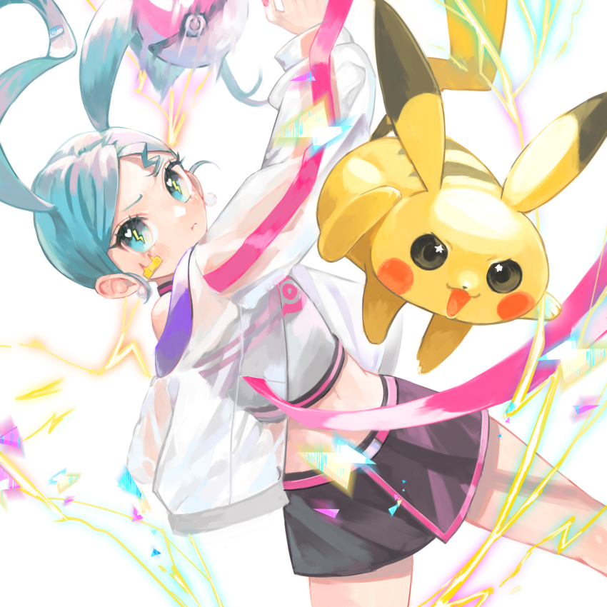 1girl, 58_(scbaby), absurdres, bandaid, black_skirt, blue_hair, closed_mouth, electricity