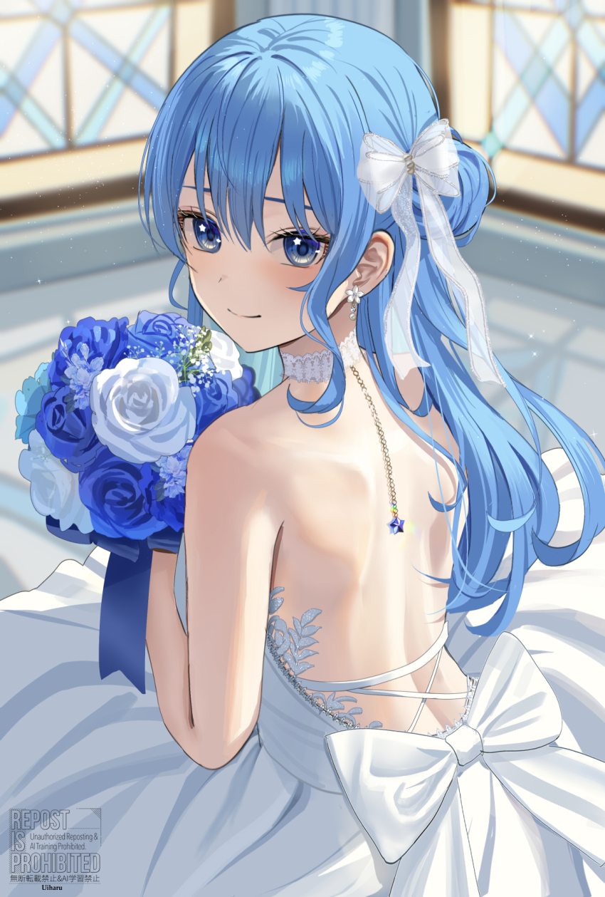 1girl, alternate_costume, back_bow, backless_dress, backless_outfit, bare_shoulders, blue_eyes, blue_flower