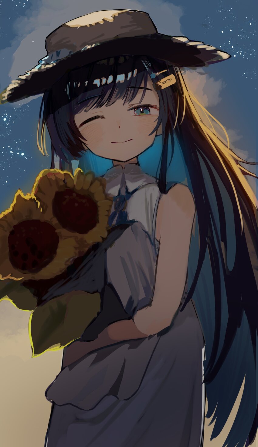 1girl, absurdres, backlighting, black_hair, blue_eyes, blue_hair, blue_ribbon, brooch