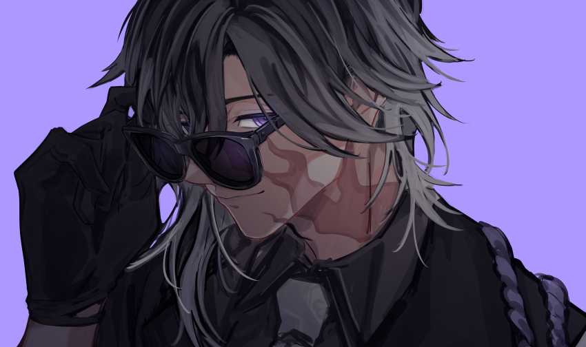 1boy, absurdres, adjusting_eyewear, black-framed_eyewear, black_hair, black_shirt, burn_scar, closed_mouth