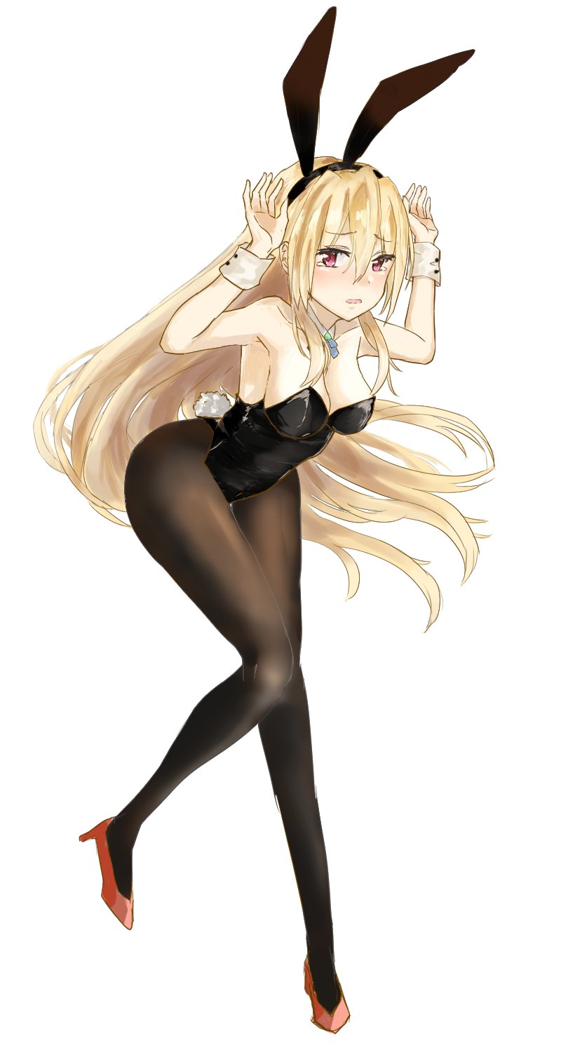1girl, animal_ears, black_leotard, blonde_hair, detached_collar, fake_animal_ears, hair_between_eyes, hair_ornament, heaven_burns_red, highres, leotard, long_hair, multiple_girls, playboy_bunny, rabbit_ears, rabbit_pose, rabbit_tail, red_eyes, shirakawa_yuina, sidelocks, solo, sorablue0106, strapless, strapless_leotard, tail, wrist_cuffs