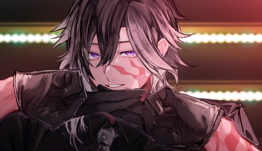 1boy, absurdres, black_gloves, black_hair, black_shirt, blurry, blurry_background, burn_scar