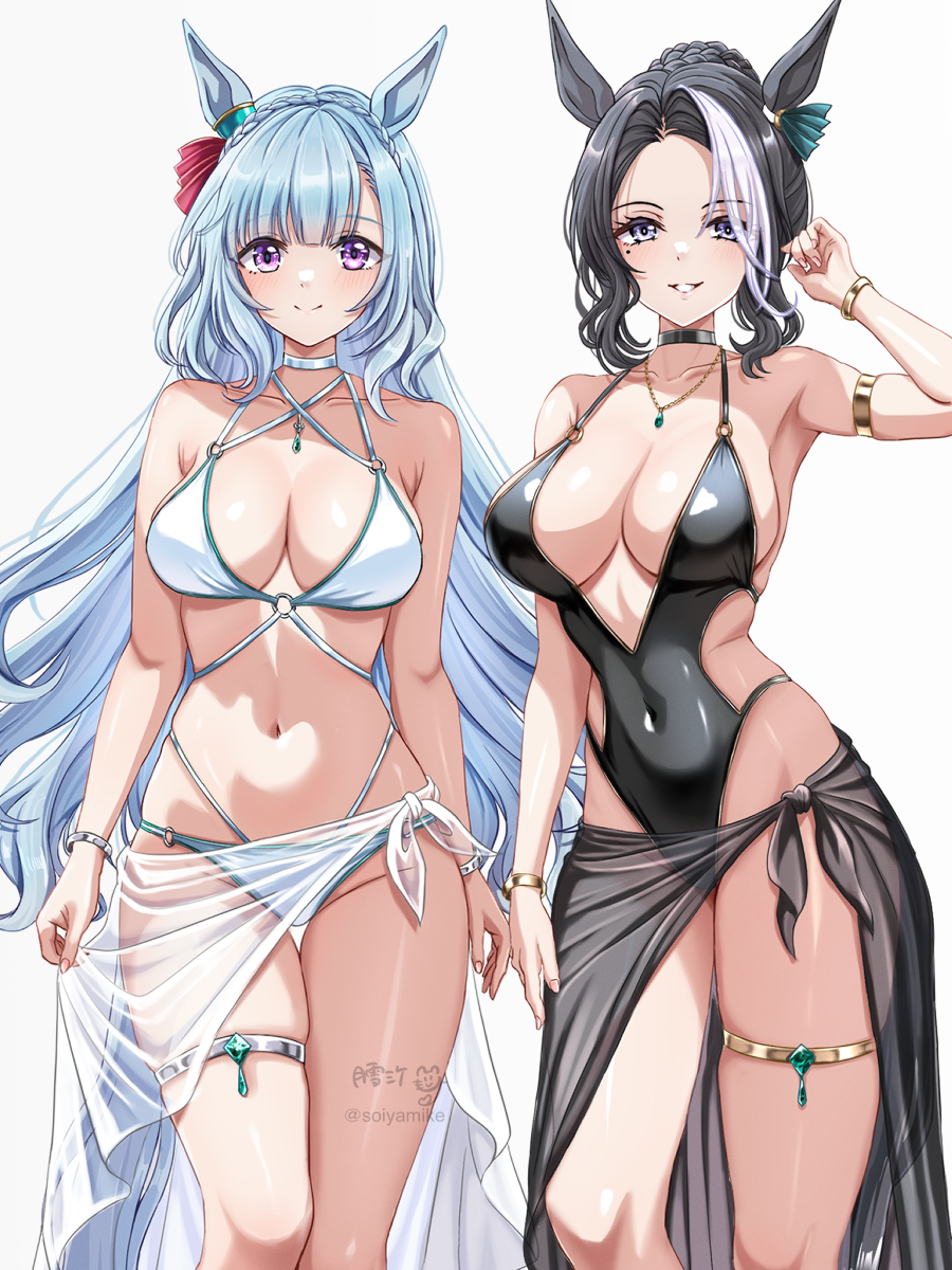 2girls, animal_ears, bikini, black_hair, black_one-piece_swimsuit, blue_eyes, breasts, commentary_request