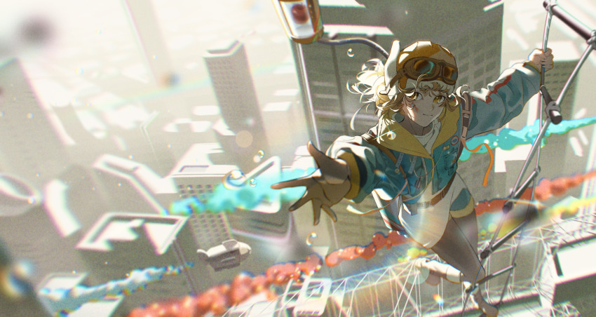 1girl, apple, apple_(reverse:1999), aviator_cap, black_pantyhose, blue_jacket, blue_shorts, boots, brown_boots, brown_gloves, brown_hair, brown_hat, building, chromatic_aberration, city, climbing_ladder, contrail, food, from_above, fruit, full_body, gloves, goggles, goggles_on_headwear, hat, highres, jacket, leg_up, looking_at_viewer, luojia_ying, official_alternate_costume, on_ladder, orange_eyes, outstretched_arm, pantyhose, regulus_(reverse:1999), regulus_(take_off!_to_the_future)_(reverse:1999), reverse:1999, rope_ladder, short_hair, shorts, smile, solo, sweater, white_sweater