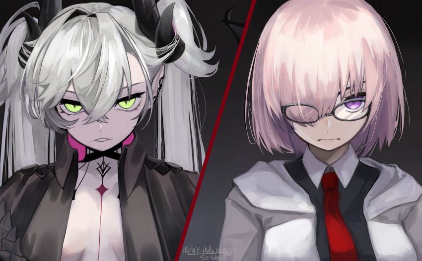 2girls, absurdres, artist_name, black_background, black_cloak, black_shirt, body_markings, breasts, choker, cloak, closed_mouth, collared_shirt, colored_extremities, crossed_bangs, demon_girl, demon_horns, ear_piercing, fate/grand_order, fate_(series), frill_inferno, glaring, glasses, green_eyes, hair_around_horn, hair_on_horn, hair_over_one_eye, highres, hood, hood_down, hoodie, horns, lilith_(fate), lilith_(second_ascension)_(fate), long_hair, long_sleeves, looking_at_another, mash_kyrielight, multiple_girls, necktie, piercing, purple_eyes, purple_hair, red_necktie, shaded_face, shadow, shirt, short_hair, signature, staring, tattoo_between_breasts, teeth, white_hoodie, white_shirt