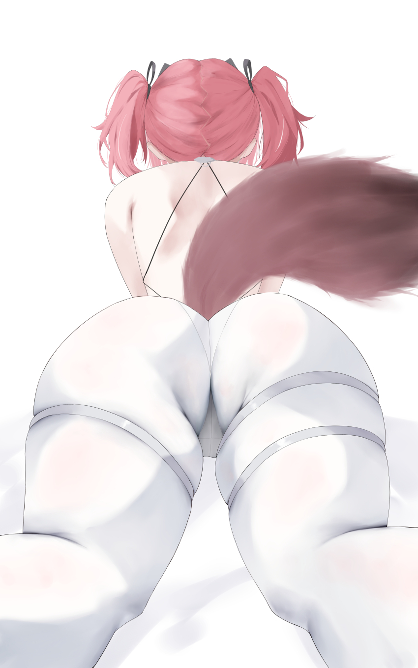 1girl, absurdres, armor, ass, ass_focus, backless_bodysuit, backless_outfit, bare_shoulders, black_bow, bodysuit, bow, cameltoe, from_behind, hair_bow, hair_intakes, highres, lupa_(wuthering_waves), meaowtakhe, pink_hair, solo, tail, thick_thighs, thighs, white_background, white_bodysuit, wolf_tail, wuthering_waves