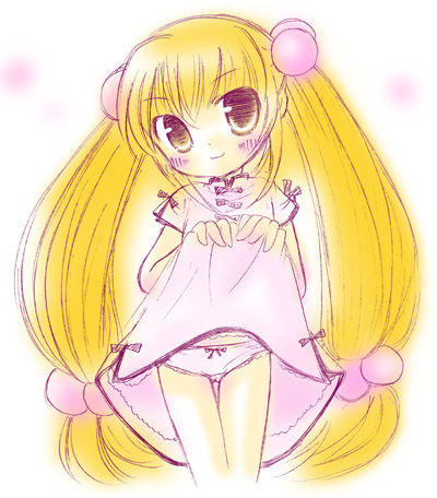 00s, 1girl, blonde_hair, brown_eyes, child, clothes_lift, dress, dress_lift, female_focus, flat_chest, hair_bobbles, hair_ornament, kodomo_no_jikan, kokonoe_rin, long_hair, looking_at_viewer, lowres, panties, shudou_rima, smile, solo, sphere_hair_ornament, twintails, underwear, very_long_hair