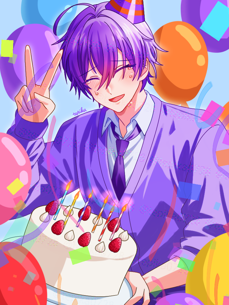 1boy, ahoge, artist_name, balloon, birthday, birthday_cake, blue_background, blush
