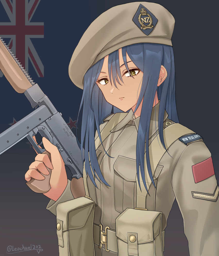 1girl, absurdres, ammunition_pouch, artist_name, belt, beret, blue_hair, breast_pocket