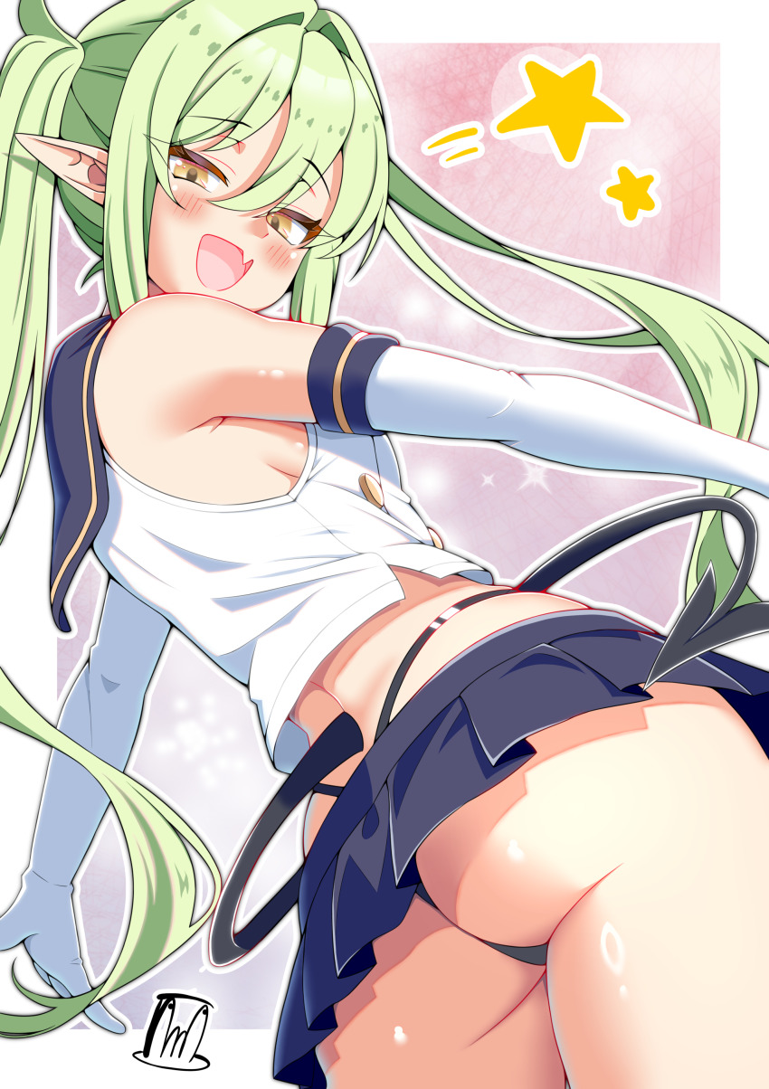 1girl, absurdres, ass, black_panties, black_tail, blue_archive, blue_skirt, blush, border, breasts, commentary_request, cosplay, cowboy_shot, crop_top, demon_tail, elbow_gloves, fang, gloves, green_hair, highleg, highleg_panties, highres, loli, long_hair, looking_at_viewer, microskirt, nozomi_(blue_archive), open_mouth, panties, pointy_ears, shimakaze_(kancolle), shimakaze_(kancolle)_(cosplay), shirt, sideboob, skin_fang, skirt, sleeveless, sleeveless_shirt, solo, tail, tama_amata, thong, twintails, underwear, white_border, white_gloves, white_shirt, yellow_eyes