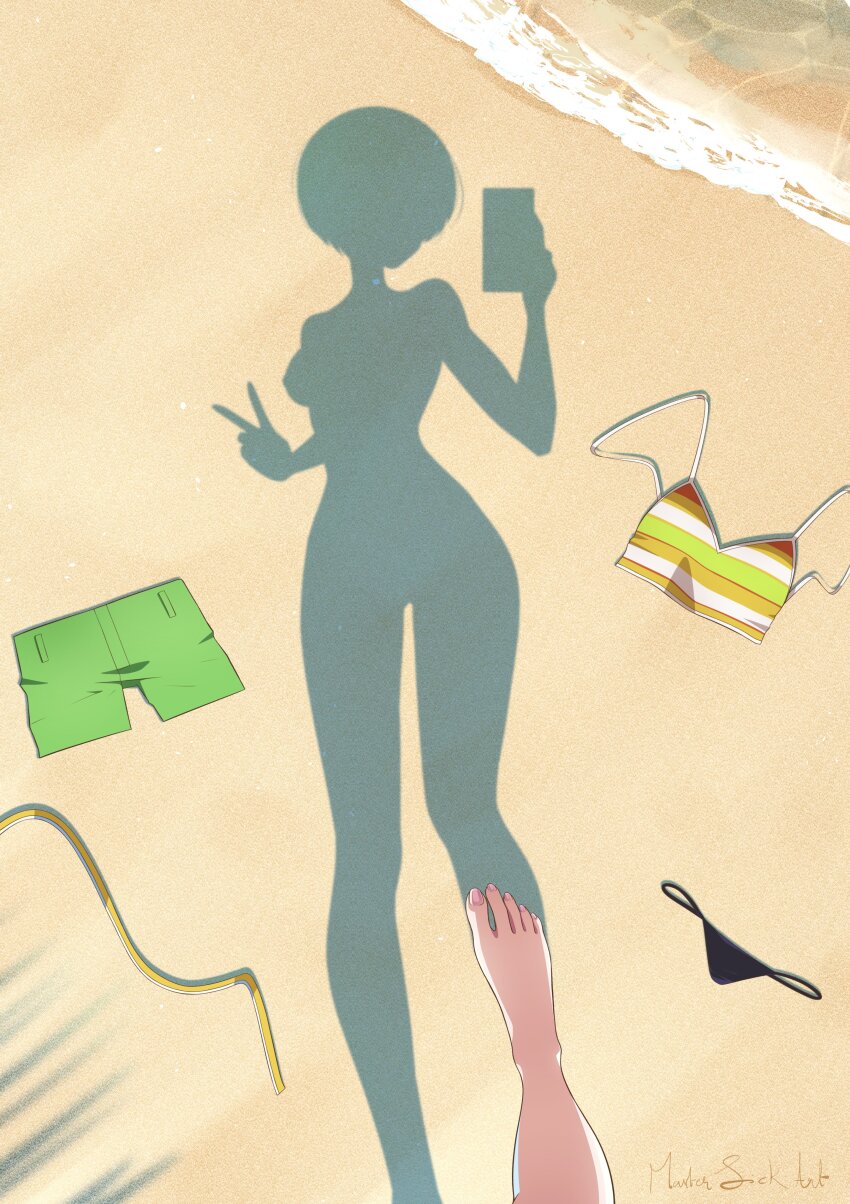 1girl, absurdres, barefoot, beach, bikini, black_bikini, breasts, day, dressed_shadow_(meme), feet, female_pov, green_shorts, highres, holding, holding_phone, implied_nudity, master_sick_art, meme, no_bra, nude, ocean, outdoors, persona, persona_4, phone, pov, pov_shadow, sand, satonaka_chie, shaded_face, shadow, short_hair, shorts, sign, silhouette, small_breasts, solo, standing, swimsuit, unworn_bikini, unworn_bikini_bottom, unworn_bikini_top, unworn_clothes, v, water