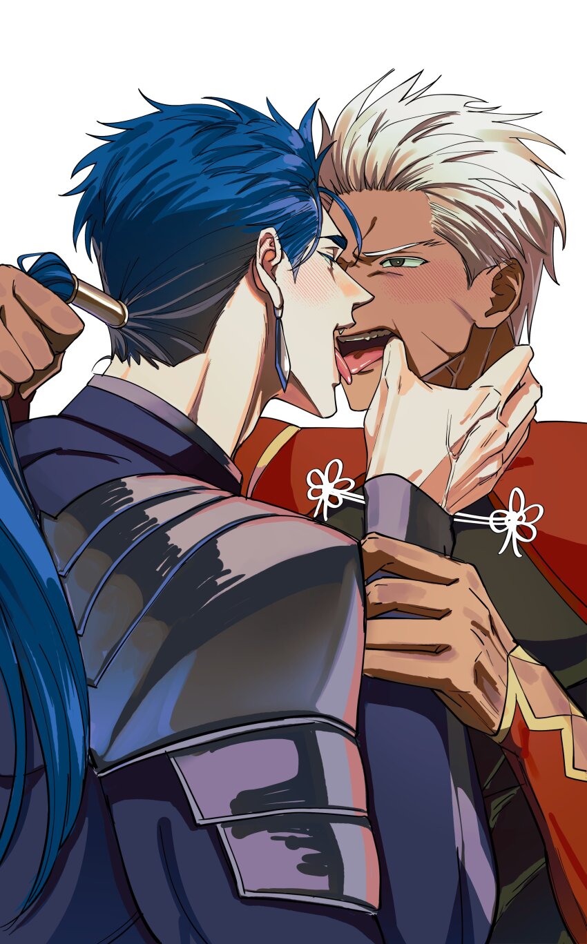 2boys, absurdres, archer_(fate), archer_(third_ascension)_(fate), armor, blue_hair, blush, cu_chulainn_(fate)