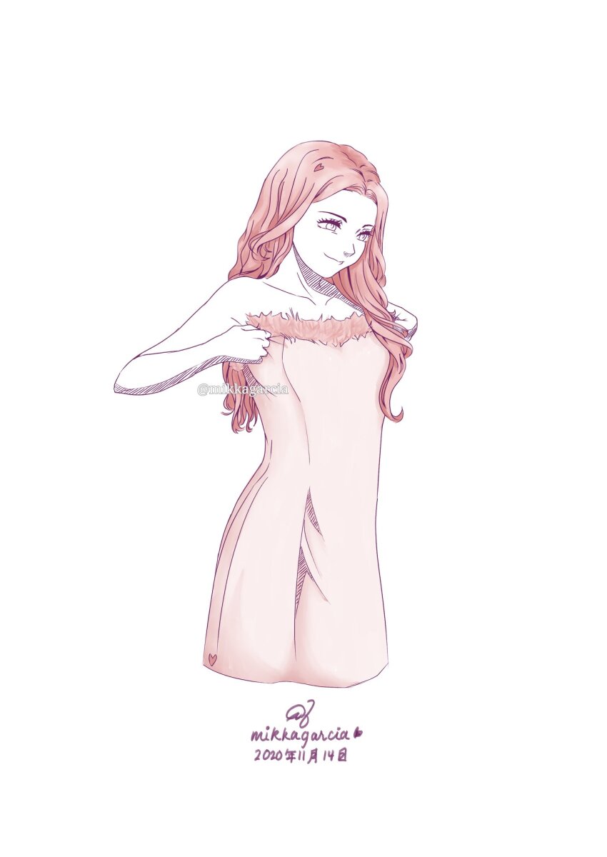 1girl, adjusting_clothes, artist_name, closed_mouth, commentary, cropped_legs, dated, dress, english_commentary, gfriend, highres, k-pop, long_hair, looking_ahead, mafuyumikka, off-shoulder_dress, off_shoulder, pink_dress, pink_hair, real_life, simple_background, smile, solo, twitter_username, white_background, yerin_(gfriend)