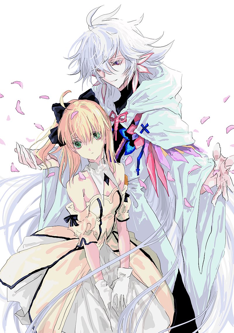 1boy, 1girl, ahoge, artoria_pendragon_(fate), bare_shoulders, blonde_hair, detached_collar, detached_sleeves