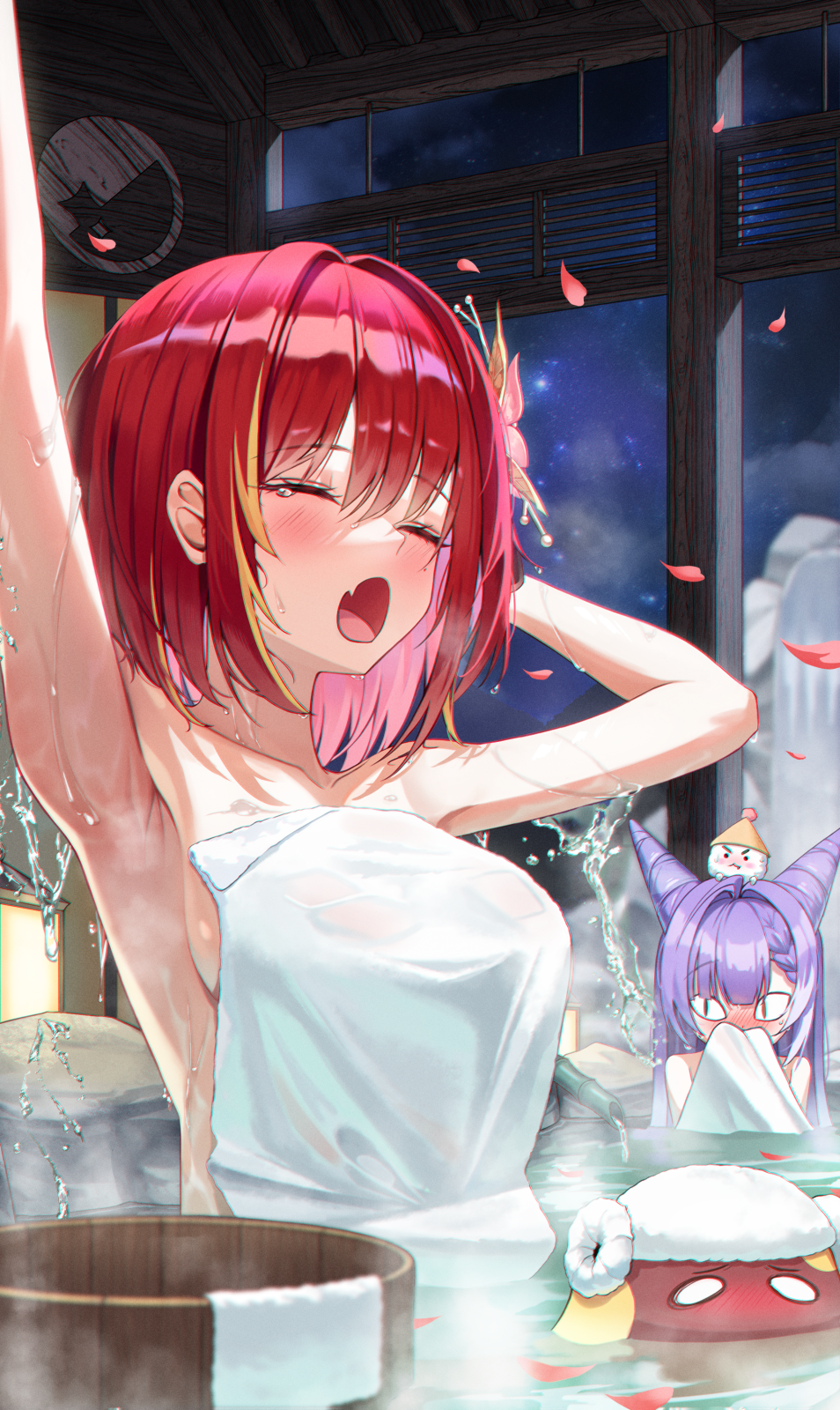 <|>_<|>, 2girls, akane_lize, alternate_hairstyle, animal_ears, armpits, arms_up, blush