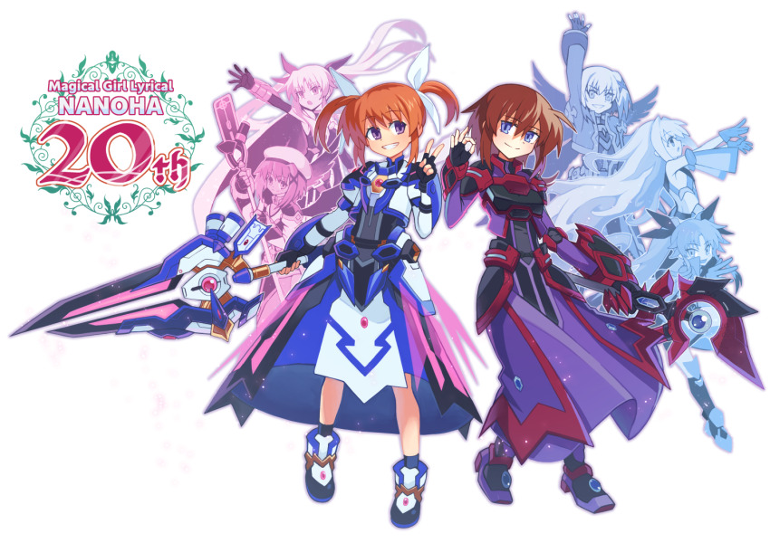 6+girls, anniversary, armor, armored_dress, black_gloves, brown_hair, dress, fate_testarossa