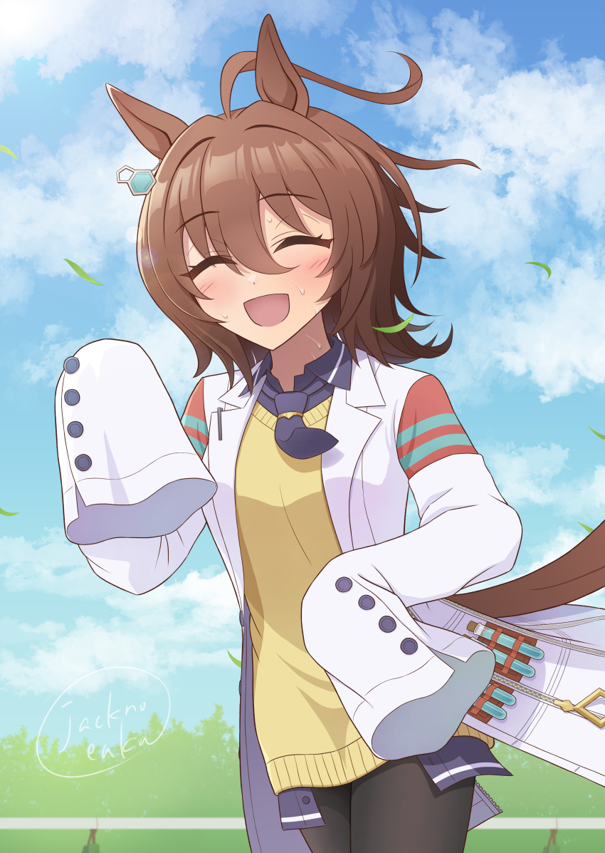 1girl, absurdres, agnes_tachyon_(tach-nology)_(umamusume), agnes_tachyon_(umamusume), ahoge, animal_ears, black_thighhighs, blush