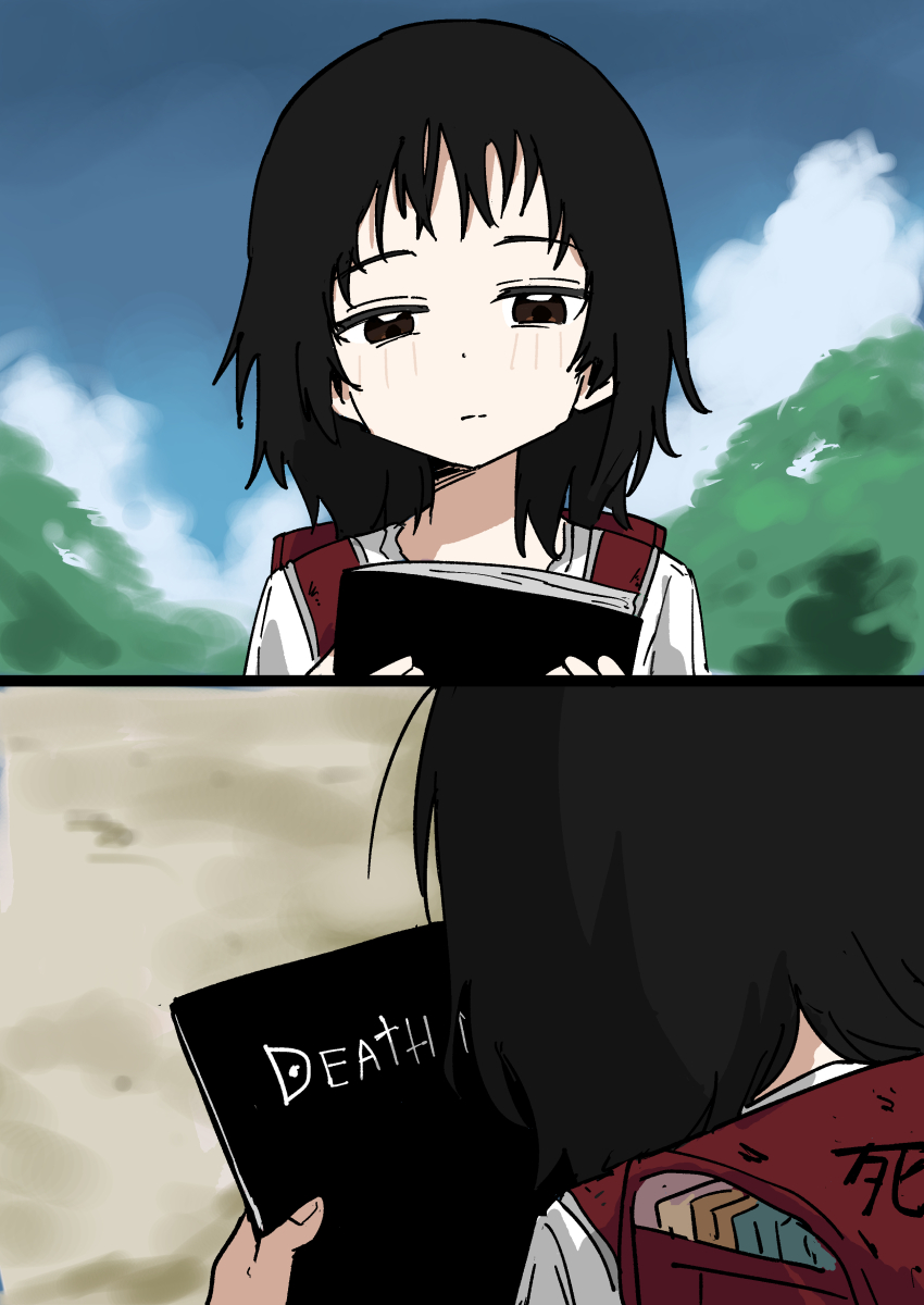 1girl, absurdres, black_hair, book, brown_eyes, cloud, cloudy_sky, commentary_request, death_note, death_note_(object), expressionless, highres, holding, holding_book, kuze_shizuka, looking_at_object, medium_hair, messy_bangs, multiple_views, sky, takopii_no_genzai, tenten_(chan4545)
