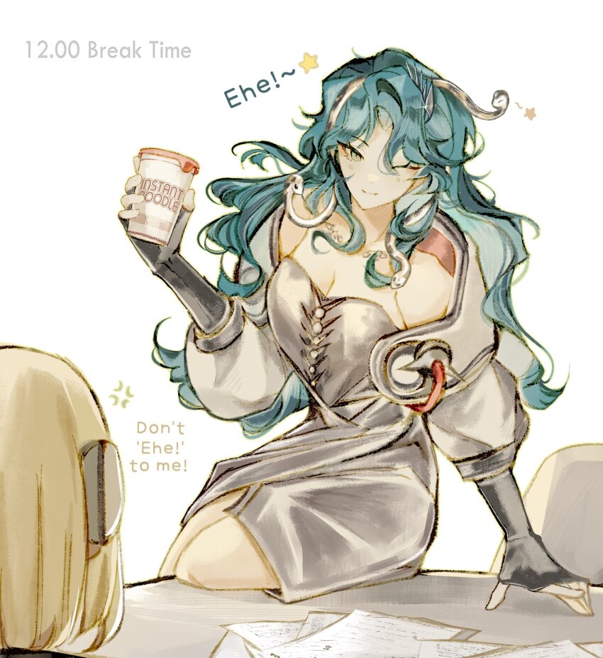 2girls, ;), anger_vein, aqua_hair, bare_shoulders, blonde_hair, breasts, cleavage