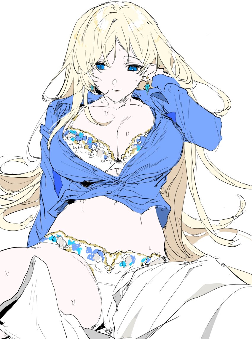 absurdres, bra, breasts, cleavage, clothes_lift, elf, highres, large_breasts, lt_unicorn, mabinogi, panties, pointy_ears, portia_(mabinogi), simple_background, sitting, sweat, sweatdrop, underwear