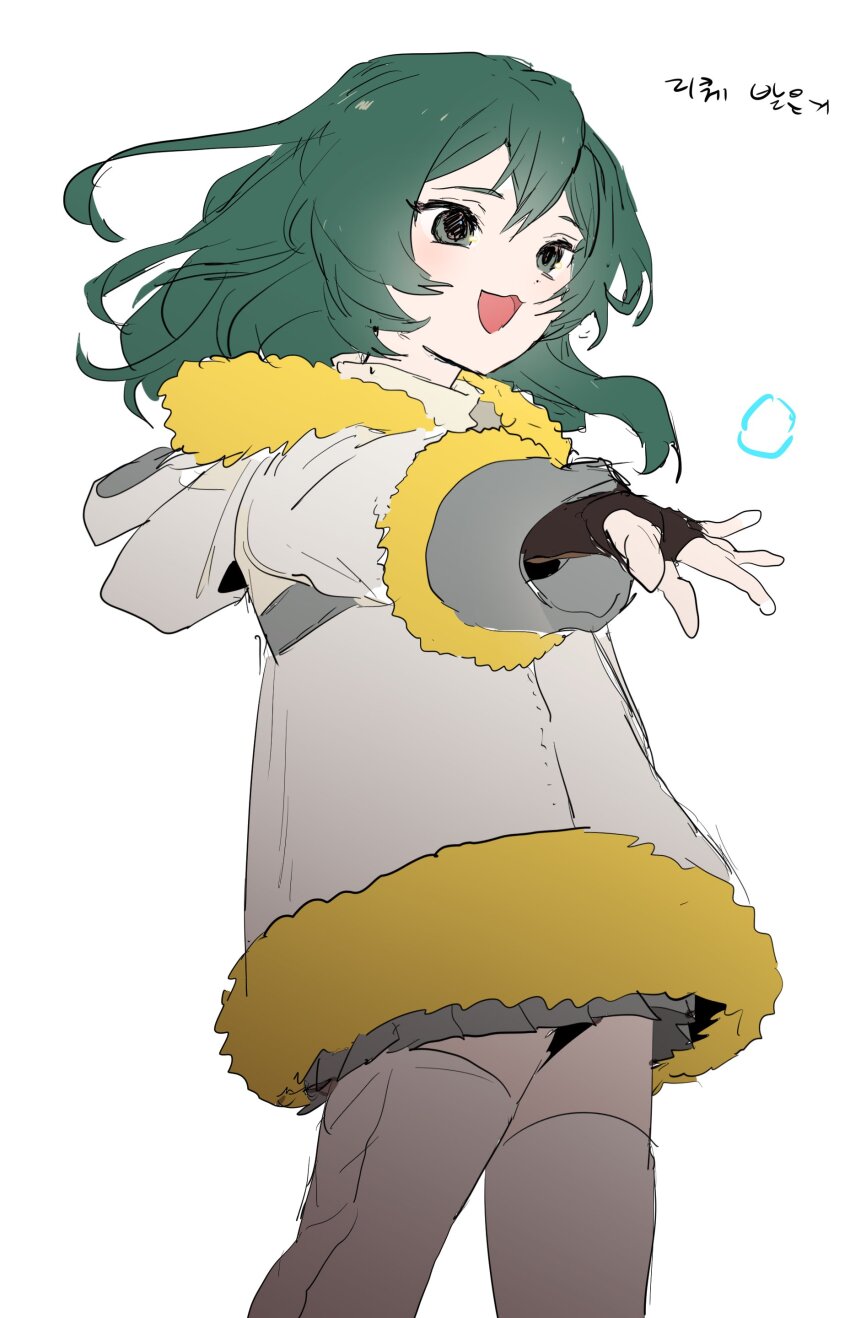 1girl, absurdres, fingerless_gloves, gloves, green_eyes, green_hair, hand_up, happy