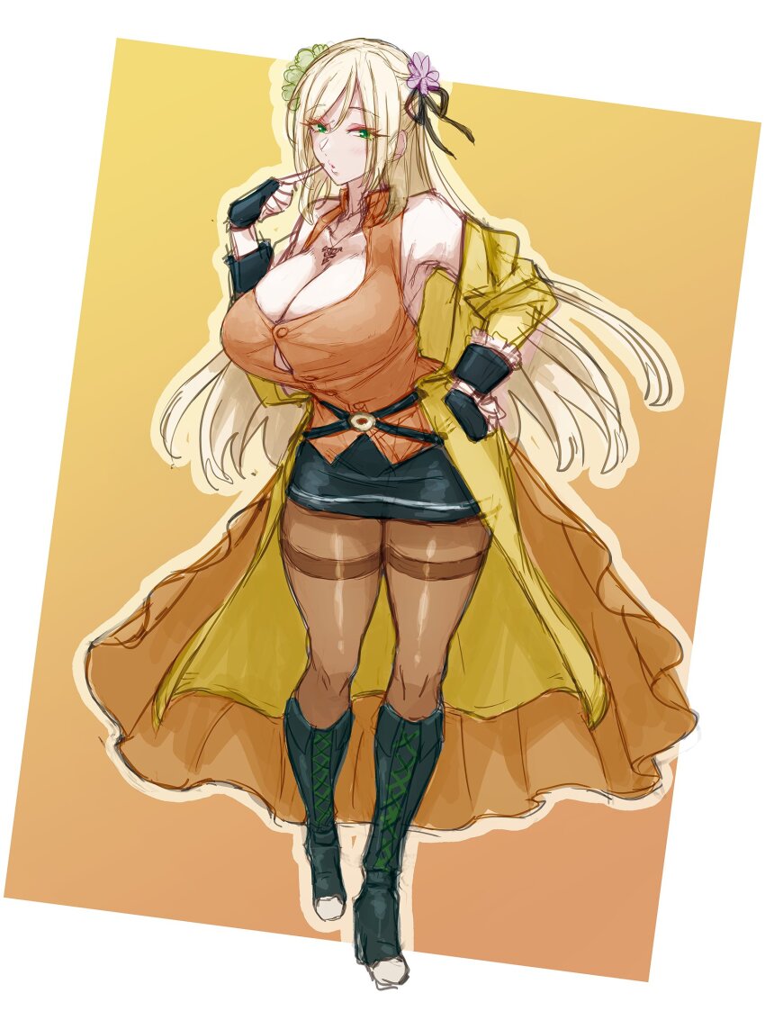 1girl, absurdres, akira_blanton, assault_lily, bare_shoulders, belt, black_belt, black_boots, black_gloves, black_ribbon, black_skirt, blush, boots, border, breasts, brown_pantyhose, button_gap, buttons, cleavage, coat, collarbone, collared_shirt, commentary_request, finger_to_cheek, fingerless_gloves, flower, frilled_sleeves, frills, full_body, gloves, gradient_background, green_eyes, green_flower, hair_between_eyes, hair_flower, hair_ornament, hair_ribbon, hand_on_own_cheek, hand_on_own_face, highres, huge_breasts, jewelry, knee_boots, lace-up_boots, long_hair, looking_at_viewer, mabuta_kayumi, miniskirt, multiple_belts, necklace, o-ring, o-ring_belt, off_shoulder, open_clothes, open_coat, orange_background, orange_shirt, outside_border, pantyhose, parted_lips, pencil_skirt, pendant, purple_flower, ribbon, shirt, sketch, skirt, sleeveless, sleeveless_shirt, solo, standing, thighband_pantyhose, very_long_hair, waist_cape, white_border, yellow_coat