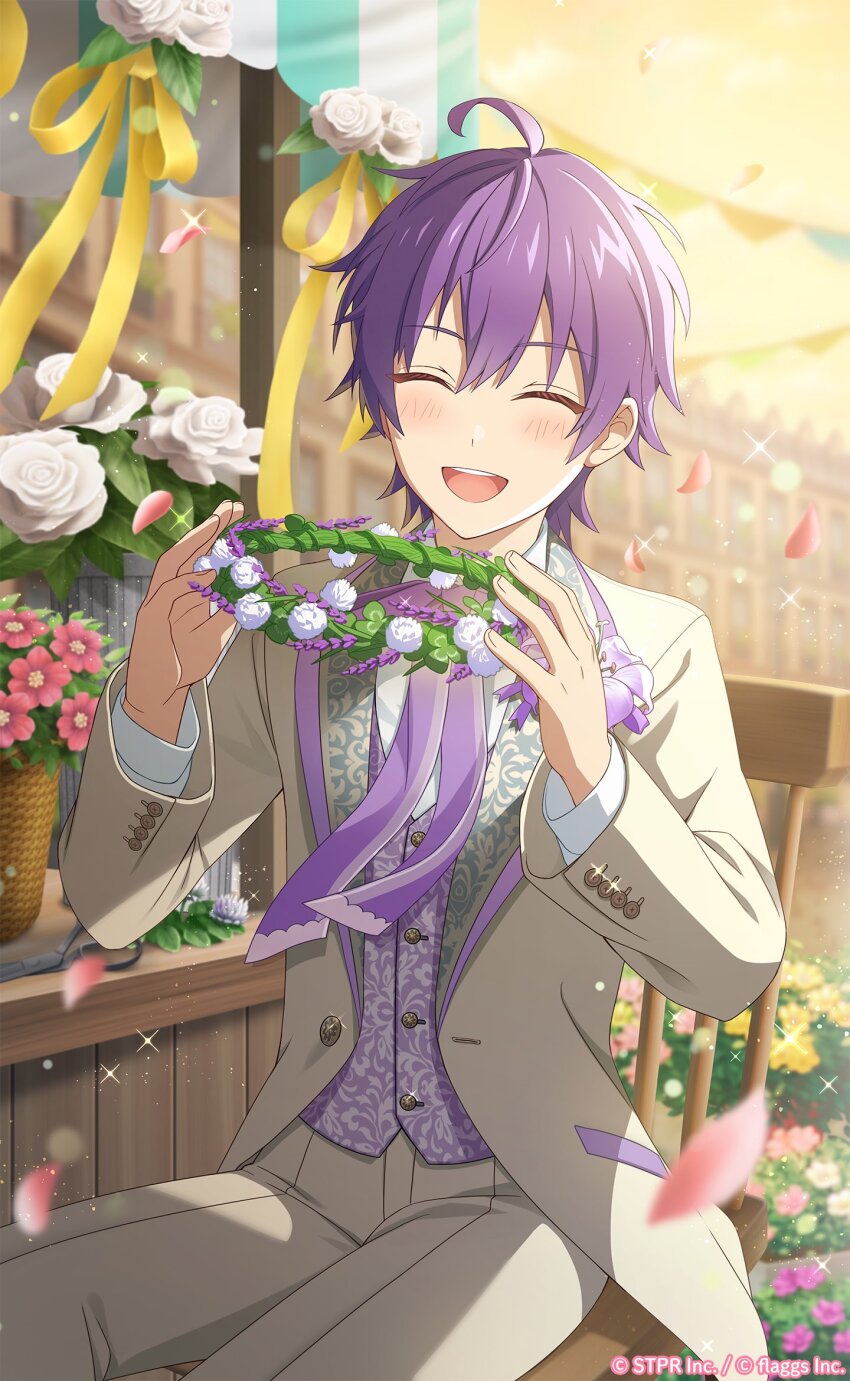 1boy, ahoge, blurry, blurry_background, blush, chair, closed_eyes, copyright_name