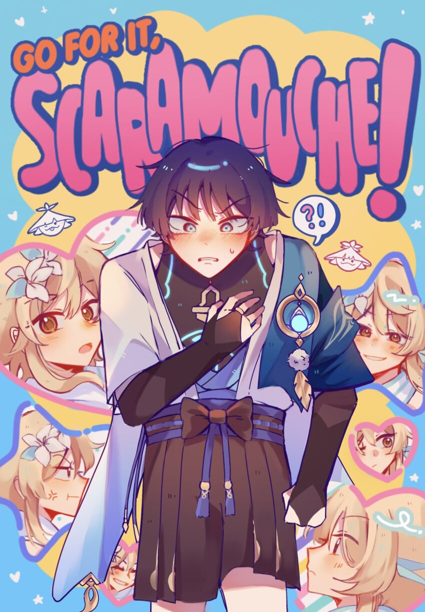 !?, 1boy, 1girl, :t, alphastroo, anger_vein, aranara_(genshin_impact), arm_at_side, belt, black_belt, black_bodysuit, black_bow, black_bridal_gauntlets, black_hair, black_shorts, blonde_hair, blue_cape, blue_eyes, blue_feathers, blue_flower, blue_gem, blue_kimono, blue_trim, blunt_ends, blush, bodysuit, bow, bridal_gauntlets, brown_eyes, cape, character_name, cheek_bulge, choppy_bangs, clenched_hand, closed_eyes, closed_mouth, english_text, eyelashes, feather_hair_ornament, feathers, flower, furisode, ganbare!_nakamura-kun!!, gem, genshin_impact, glowing_gem, glowing_markings, gold, gold_ring, grin, hair_between_eyes, hair_flower, hair_ornament, hakama, hakama_shorts, hand_on_own_chest, hand_up, heart, highres, japanese_clothes, juban, kimono, looking_at_viewer, looking_past_viewer, looking_to_the_side, lumine_(genshin_impact), meme, middle_ring, multicolored_flower, one_eye_closed, open_clothes, open_kimono, parted_lips, pleated_shorts, pom_pom_(clothes), purple_rope, purple_sash, rope, sash, scaramouche_(genshin_impact), scarf, short_hair, short_hair_with_long_locks, short_sleeves, shorts, shoulder_peek, sidelocks, sideways_mouth, smile, smirk, spoken_interrobang, tassel, v-shaped_eyebrows, vision_(genshin_impact), wanderer_(genshin_impact), white_flower, white_kimono, white_mouth, white_scarf, white_sleeves, wide-eyed, yellow_feathers