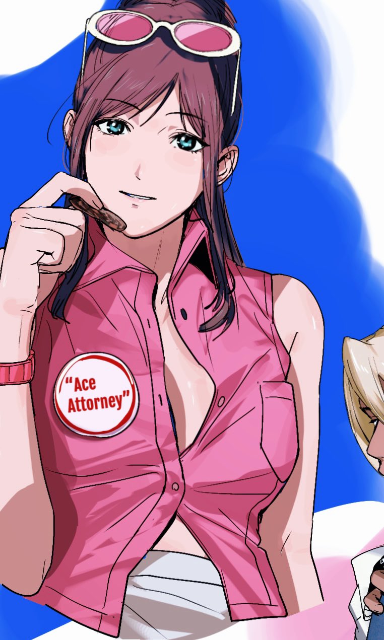 1boy, 1girl, ace_attorney, alternate_costume, amikoiiko, apollo_justice:_ace_attorney, badge, blonde_hair
