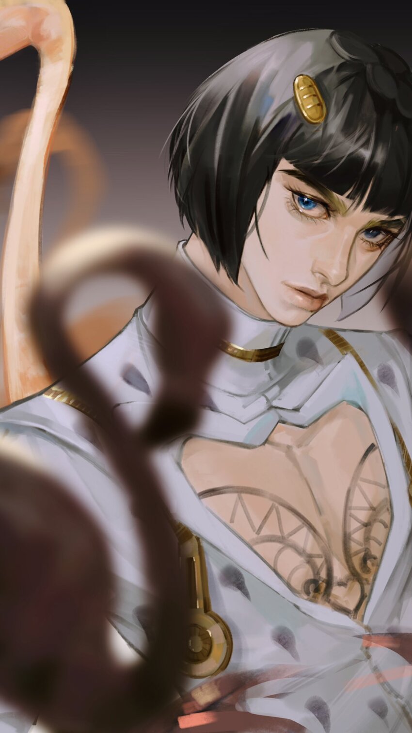 1boy, animal, bare_pectorals, bird, black_background, black_hair, blue_eyes, blunt_bangs