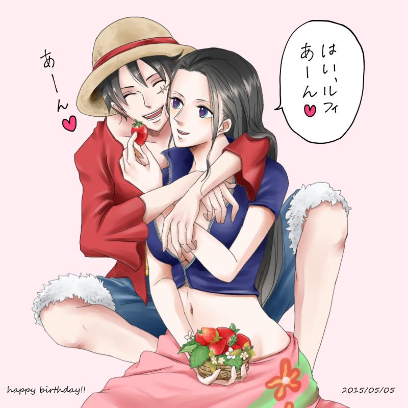 1boy, 1girl, 2015, ^_^, black_hair, blue_eyes, blue_jacket, closed_eyes