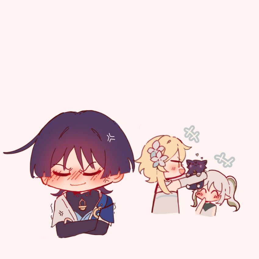 +++, 1boy, 2girls, alphastroo, anger_vein, animal, animalization, annoyed