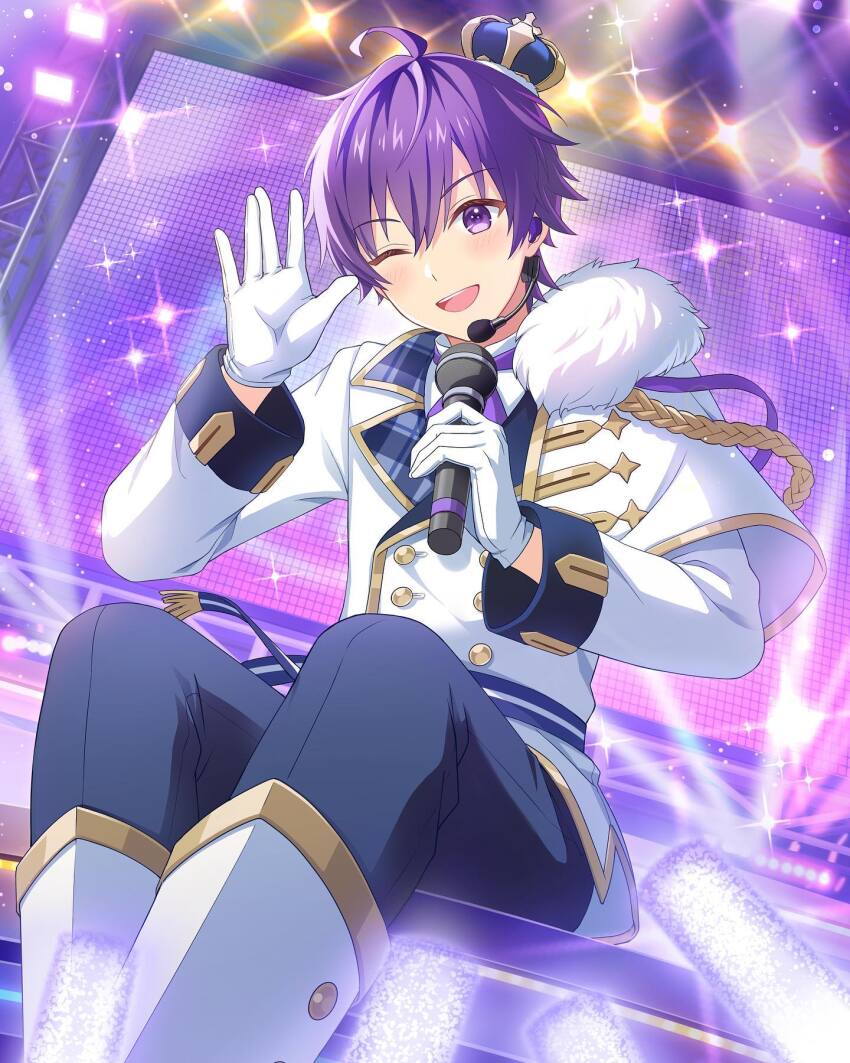 1boy, ahoge, black_pants, crown, gloves, hand_up, headset, highres