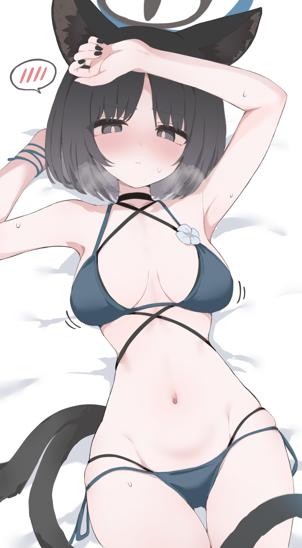 1girl, animal_ears, arms_up, bakeneko, bikini, black_eyes, black_hair, black_tail, blue_archive, blue_bikini, blue_halo, blue_tail, blush, breasts, cat_ears, cat_girl, cat_tail, co, commentary_request, criss-cross_straps, gradient_tail, halo, highres, hone_kawa, kikyou_(blue_archive), kikyou_(swimsuit)_(blue_archive), layered_bikini, looking_at_viewer, lying, medium_breasts, multi-strapped_bikini_bottom, multiple_tails, nose_blush, official_alternate_costume, on_back, short_hair, skindentation, solo, spoken_blush, sweat, swimsuit, tail, thighs, two_tails, white_bikini