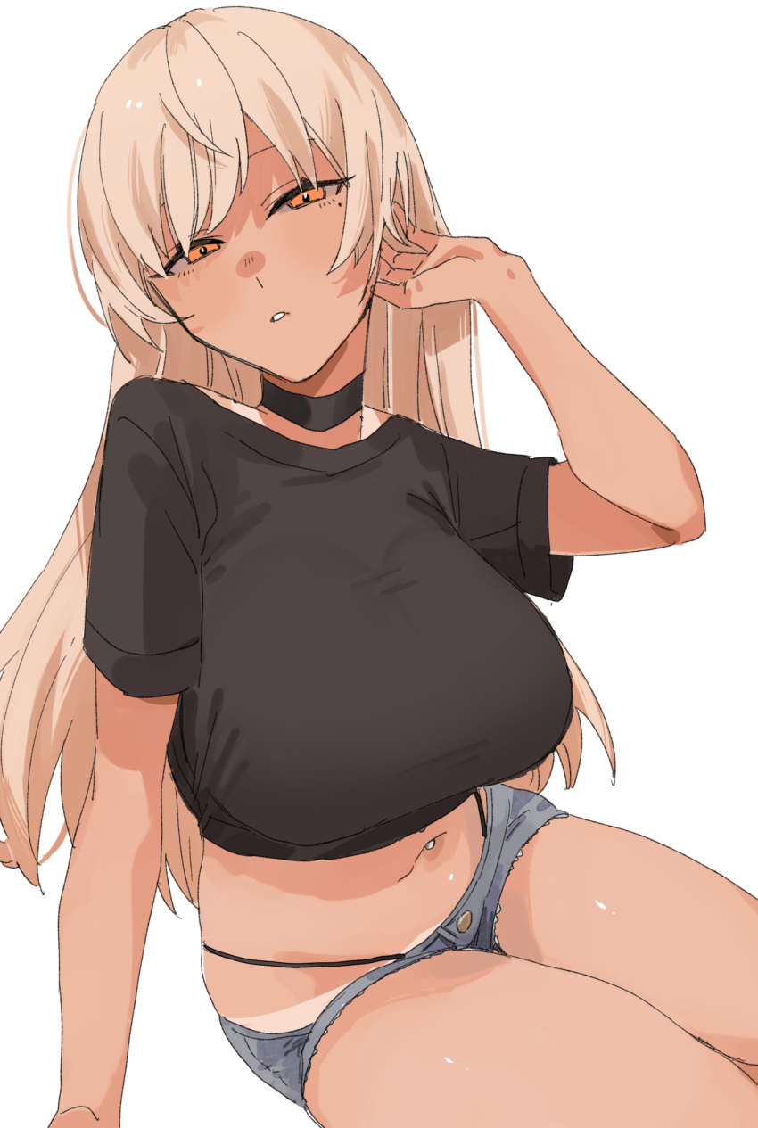 1girl, black_choker, black_panties, black_shirt, blonde_hair, borrowed_character, breasts, choker, commission, crop_top, cropped_shirt, dark-skinned_female, dark_skin, denim, denim_shorts, grey_shorts, hand_up, hibiki_(macqus), highleg, highleg_panties, highres, large_breasts, long_hair, micro_shorts, midriff, mole, mole_under_eye, navel_piercing, neyaneyashiteru, orange_eyes, original, panties, panty_straps, parted_lips, piercing, shirt, short_sleeves, shorts, simple_background, sitting, skeb_commission, solo, string_panties, tan, tanline, underwear, white_background