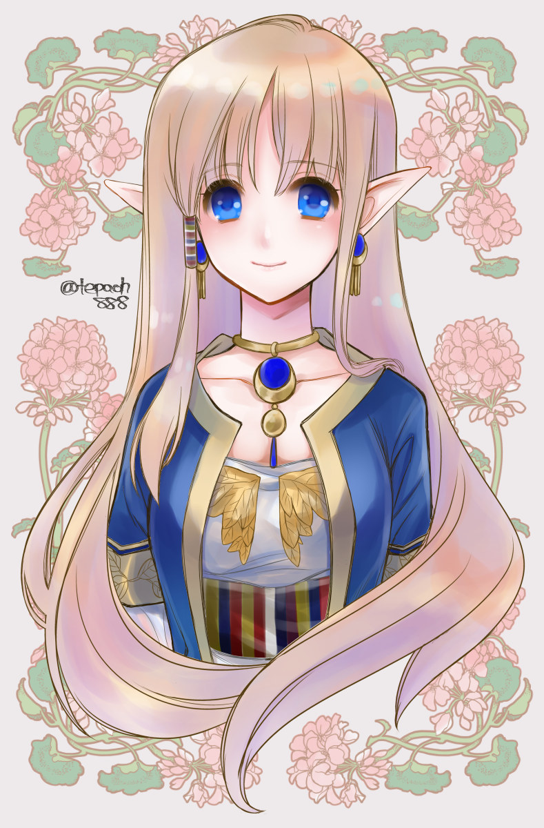 blonde_hair, blue_eyes, earrings, elf, flower, highres, jewelry, light_smile