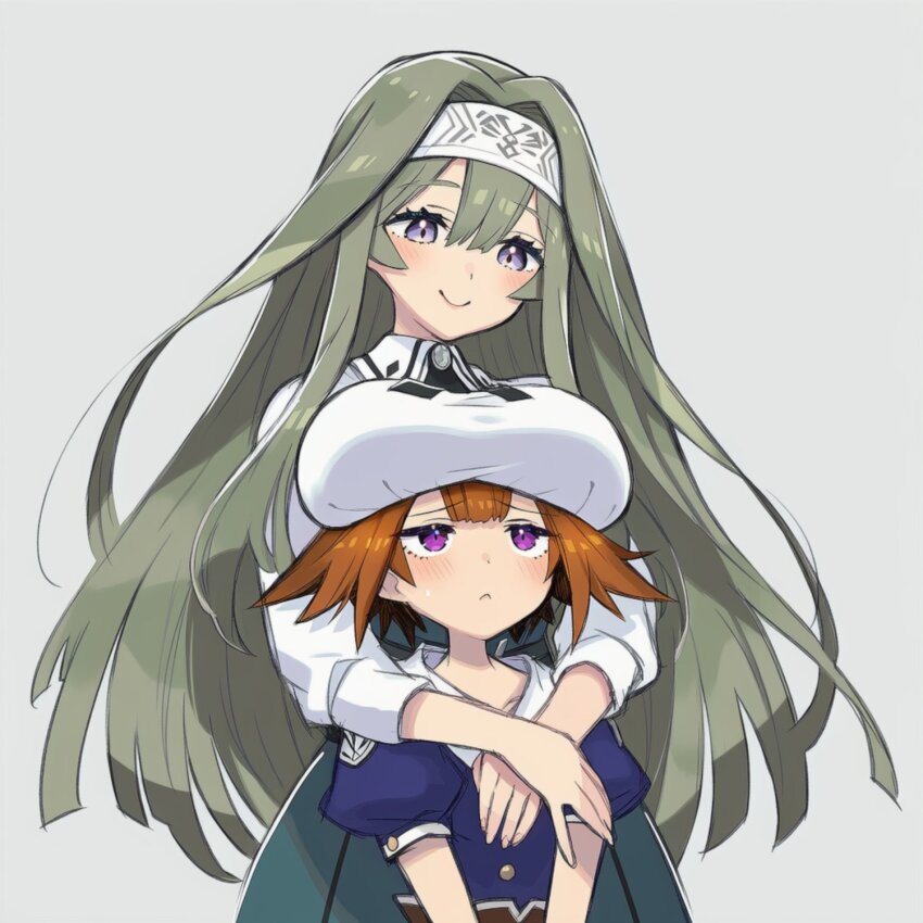 2girls, blush, breast_rest, breasts, breasts_on_head, brown_hair, duel_monster, exosister_irene