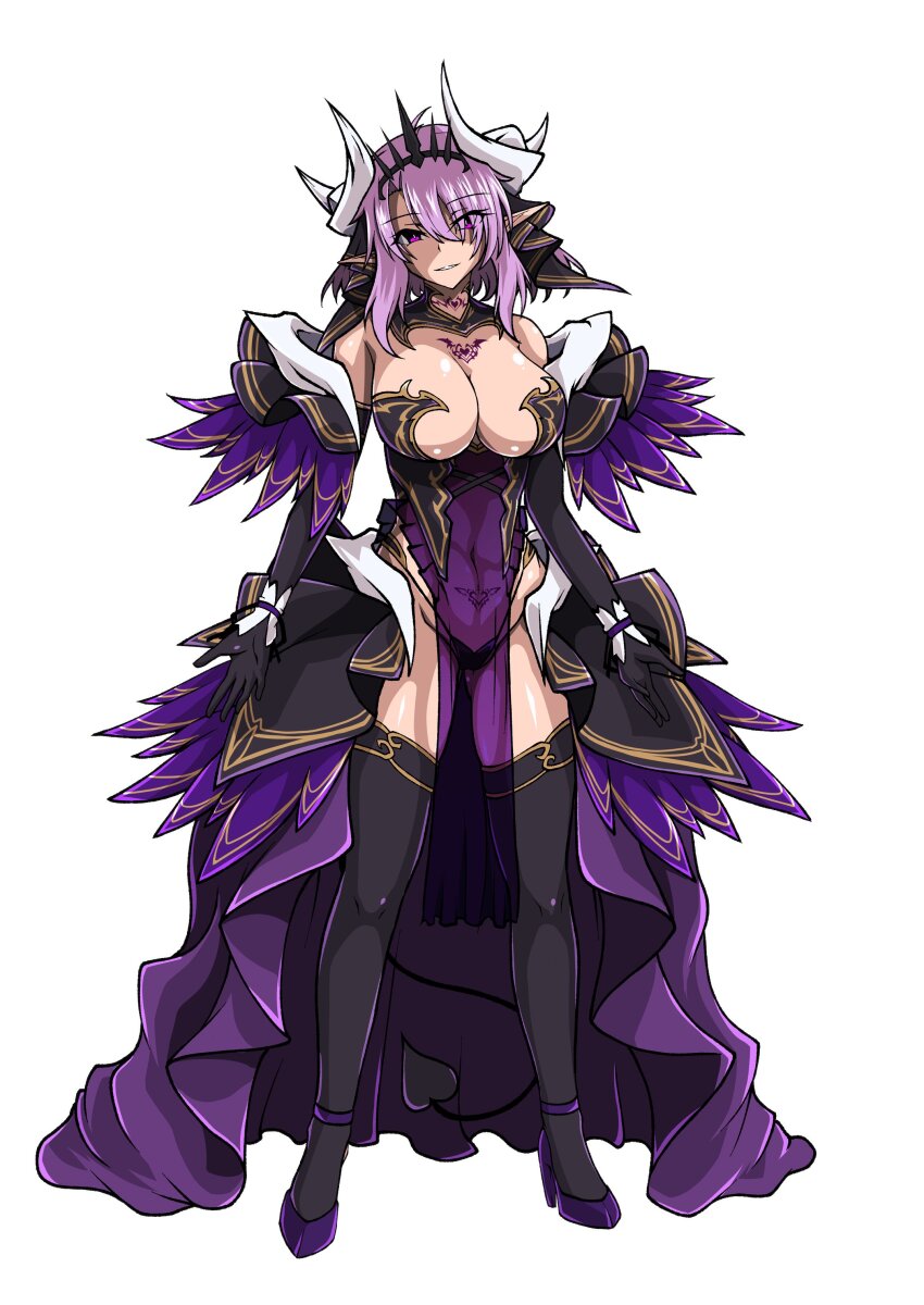 1girl, absurdres, aoi_tabane, bare_shoulders, black_gloves, black_thighhighs, breast_tattoo, breasts, chest_tattoo, cleavage, commission, corruption, cosplay, crown, dark_persona, demon_girl, demon_horns, demon_tail, dress, elbow_gloves, eyes_visible_through_hair, fate/grand_order, fate_(series), fujimaru_ritsuka_(male), full_body, genderswap, genderswap_(mtf), gloves, grin, heart, heart_tattoo, high_heels, highres, horns, kouyoku_senki_exs-tia, large_breasts, looking_at_viewer, luxiel_(kouyoku_senki_exs-tia), luxiel_(kouyoku_senki_exs-tia)_(cosplay), pelvic_curtain, pixiv_commission, pointy_ears, pubic_tattoo, purple_eyes, purple_hair, revealing_clothes, see-through_clothes, simple_background, smile, solo, standing, strapless, strapless_dress, tachi-e, tail, tattoo, thighhighs, transparent_background, white_background, white_horns
