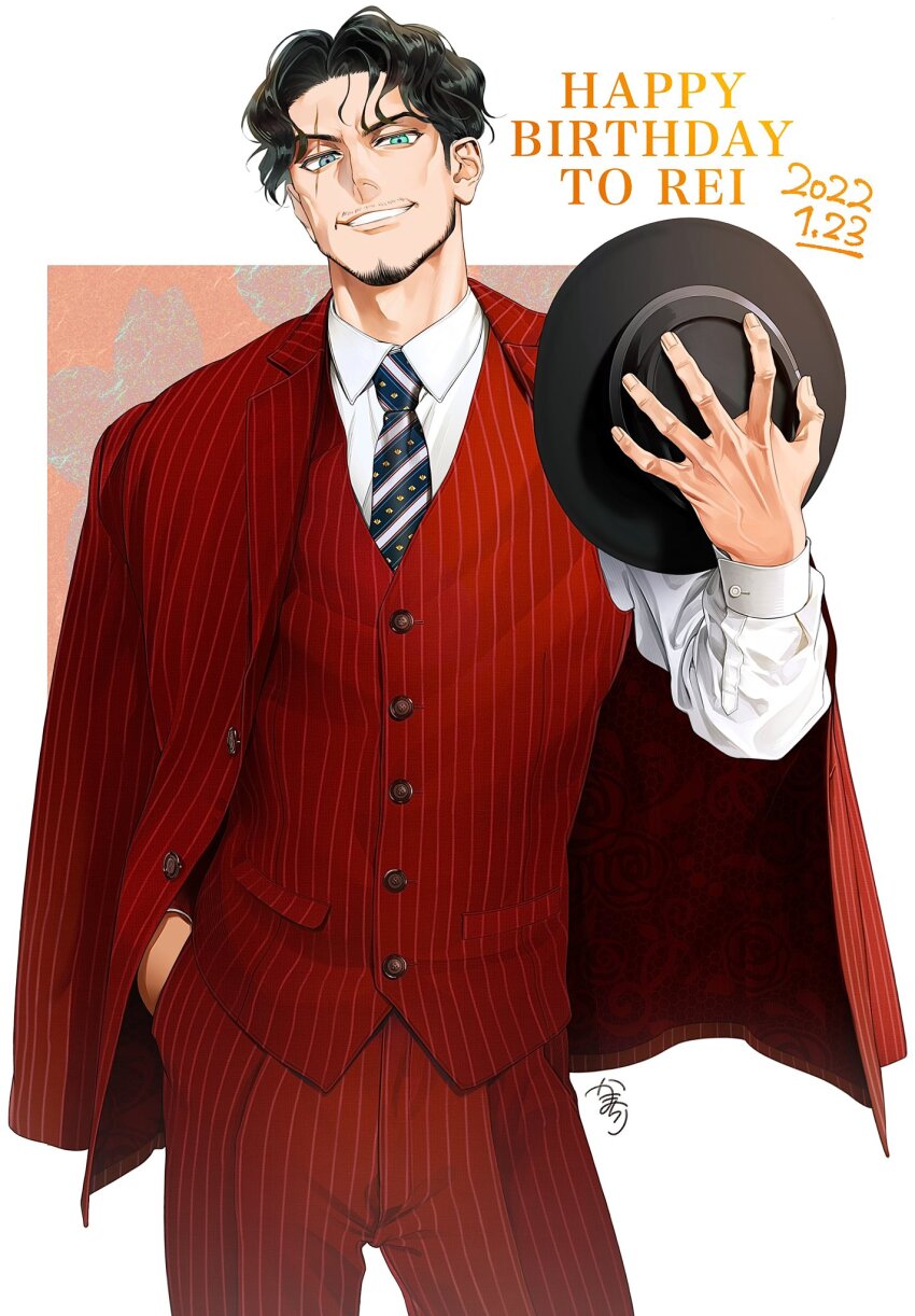 1boy, adam's_apple, amayado_rei, beard, black_hair, black_hat, blue_necktie, character_name