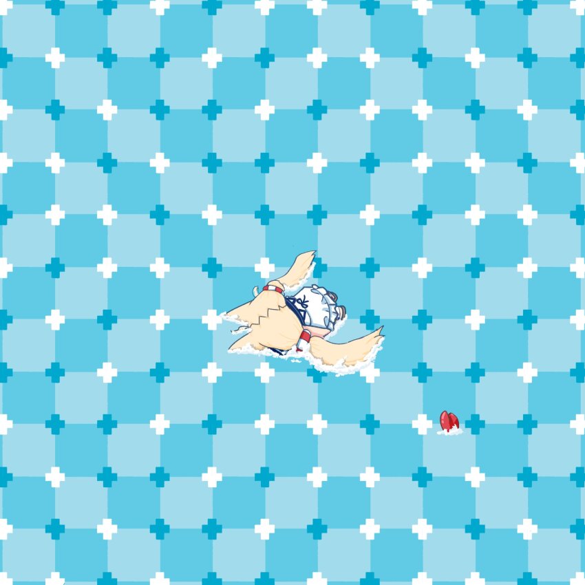 1girl, ahoge, animal_ears, blonde_hair, cat_ears, crab, dress, highres, indie_virtual_youtuber, kaniki_(sameko_saba), lifebuoy_hair_ornament, long_hair, low_twintails, optical_illusion, primrose_field_illusion, rinfocer, sameko_saba, tile_floor, tiles, twintails, very_long_hair, virtual_youtuber, white_dress