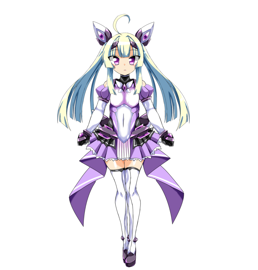 1girl, ahoge, amakubo_yuri, bare_shoulders, black_gloves, blonde_hair, bodysuit, breasts