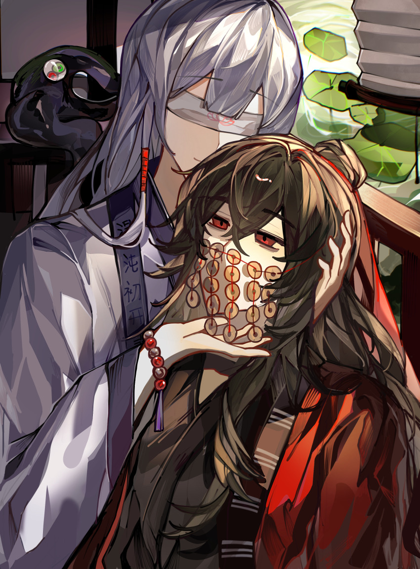 1boy, 1girl, absurdres, bai_lingmiao, bead_bracelet, beads, black_hair, black_hanfu, blindfold, bracelet, chinese_clothes, chinese_commentary, closed_mouth, coat, coin, coin_mask, covered_mouth, creature, dao_gui_yi_xian, eyeball, hair_between_eyes, hair_bun, hair_ribbon, hand_in_another's_hair, hand_on_another's_chin, hand_on_another's_head, hanfu, hetero, highres, holed_coin, indoors, jewelry, li_huowang, li_sui_(tentacles), long_hair, long_sleeves, looking_at_another, lotus_leaf, mask, mouth_veil, open_clothes, open_coat, railing, red_coat, red_eyes, red_ribbon, ribbon, robe, single_hair_bun, sitting, smile, tassel, tentacles, upper_body, veil, water, white_hair, white_hanfu, wide_sleeves, window_blinds, xinjinjumin540360473179