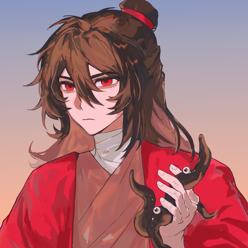 1boy, absurdres, bags_under_eyes, bandaged_neck, bandages, benkebuhui, brown_hair, chinese_clothes, chinese_commentary, closed_mouth, coat, creature, dao_gui_yi_xian, eyeball, frown, gradient_background, hair_between_eyes, hair_bun, half_updo, hand_up, hanfu, highres, holding, holding_creature, holding_tentacle, li_huowang, li_sui_(tentacles), long_hair, long_sleeves, looking_at_viewer, male_focus, open_clothes, open_coat, red_coat, red_eyes, red_hanfu, robe, simple_background, single_hair_bun, solo, tentacles, upper_body