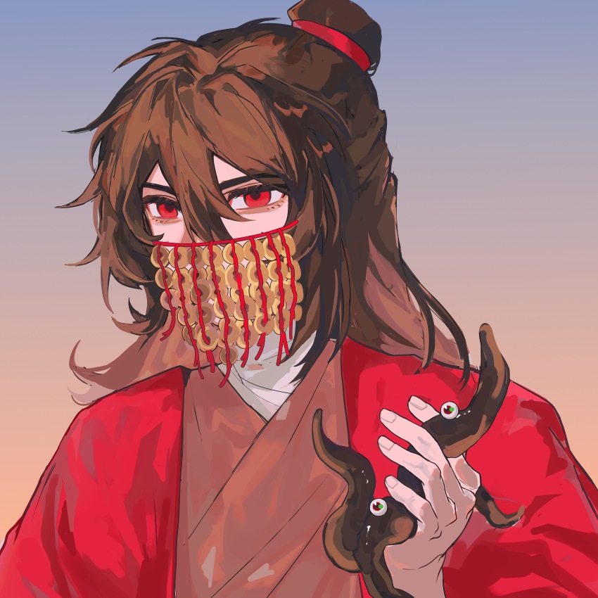 1boy, absurdres, bags_under_eyes, bandaged_neck, bandages, benkebuhui, brown_hair, chinese_clothes