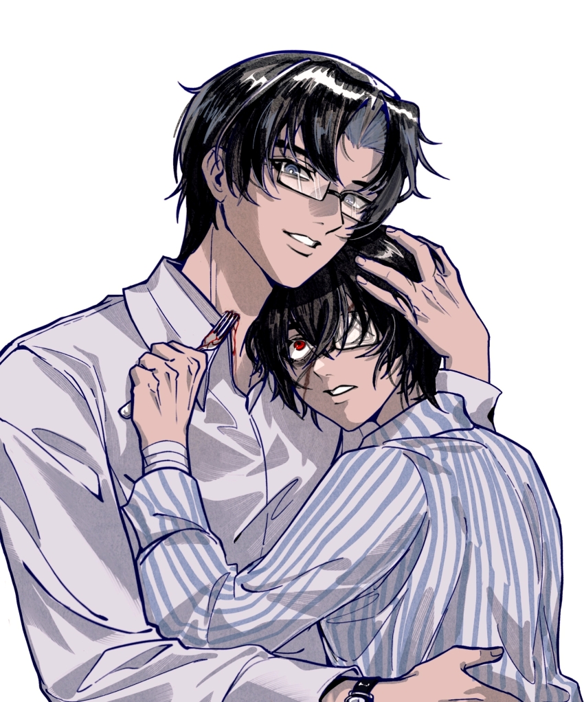2boys, absurdres, alternate_universe, bandaged_arm, bandages, black_hair, bleeding, blood